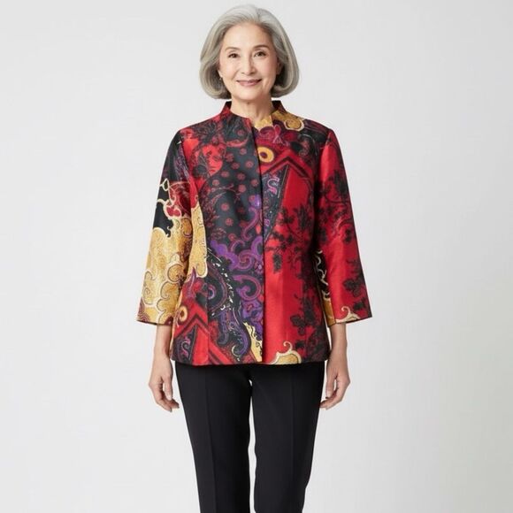 CHICO'S Jacket Size 2 Large Multicolor Tapestry Print Open Cardigan Blazer - Picture 1 of 14